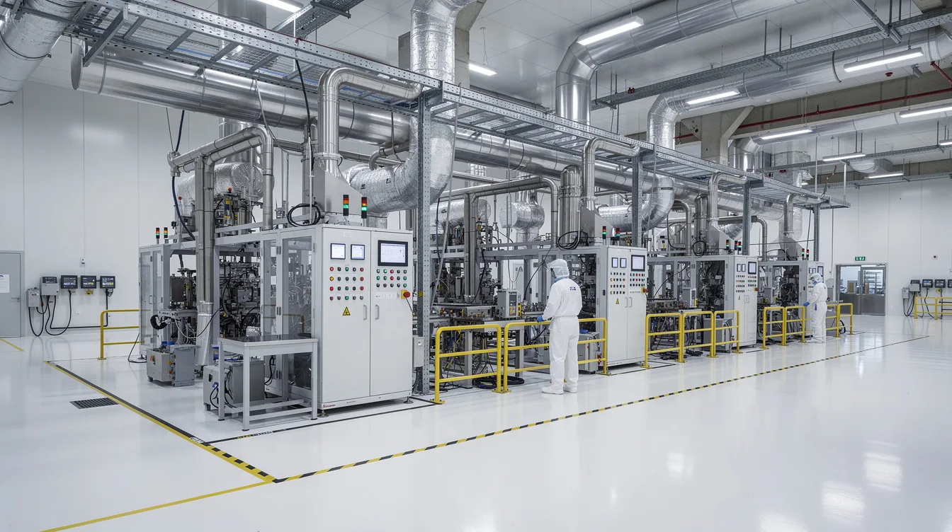 Overcoming M E Challenges in High Tech Semiconductor Manufacturing Facilities in Singapore The image depicts the interior of an industrial semiconductor manufacturing facility, showcasing heavy equipment, advanced cleanroom systems, and intricate ductwork essential for maintaining a controlled environment. This setting highlights the complexities of the semiconductor industry and the robust ecosystem supporting chip manufacturing processes in Singapore.