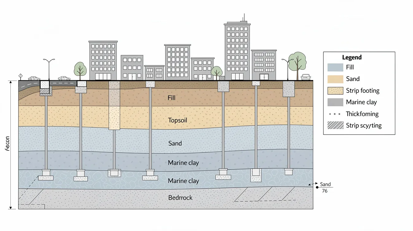Geotechnical Considerations for Deep Basement Excavation in Singapore's CBD The image is a cross-section diagram illustrating the various layers of marine clay and sand beneath urban buildings, highlighting key factors for deep excavation projects and basement construction in Singapore's CBD. It showcases the relationship between soil conditions, retaining walls, and existing structures, essential for understanding geotechnical engineering and underground construction methods.