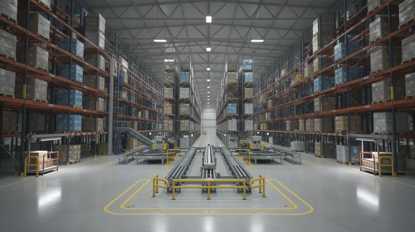 Structural Upgrades for Automated Storage and Retrieval Systems (ASRS) in Warehouses The image depicts the interior of an industrial warehouse featuring tall automated racking systems, designed to enhance storage density and operational efficiency. The reinforced concrete floor supports various automated storage and retrieval systems, showcasing a modern approach to inventory management in existing buildings.
