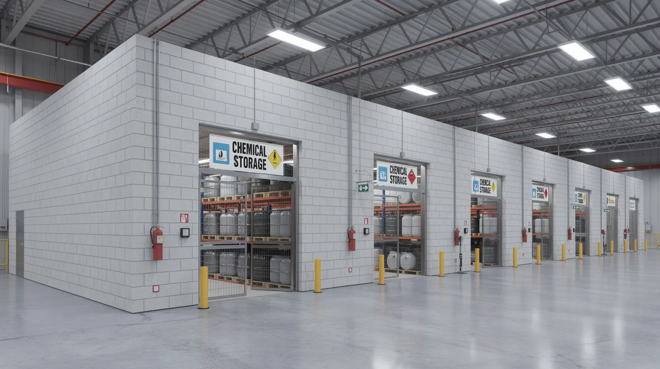 Fire Compartmentation and SCDF Compliance for Chemical Storage Facilities in Singapore The image depicts the interior of an industrial warehouse featuring fire-rated masonry walls that create distinct compartments for chemical storage, highlighting essential fire compartmentation measures. The design emphasizes fire safety compliance, as outlined by the Singapore Civil Defence Force, ensuring that flammable materials are securely contained within designated fire compartments.