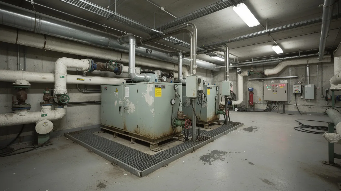 M E Engineering Audits for Aging Commercial Office Buildings in Singapore: A Complete Guide The image depicts the interior of an aging office building's mechanical room, showcasing chiller equipment and extensive pipe infrastructure that is essential for energy management. This space is crucial for building owners and facility managers to ensure compliance with the Building and Construction Authority's regulations on energy efficiency and mandatory energy improvement for energy-intensive commercial buildings in Singapore.