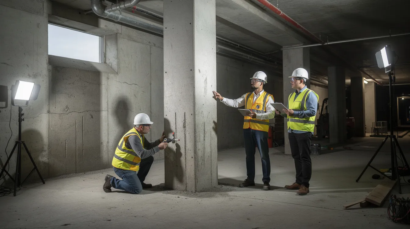 Structural Due Diligence Engineering Checks for Commercial Property Acquisitions in Singapore In the image, engineers are meticulously inspecting concrete foundation elements in a below-ground basement area, focusing on the physical condition and structural integrity as part of the full due diligence process for commercial property acquisitions in Singapore. Their analysis aims to identify any potential risks, including environmental contamination and hidden liabilities, that could affect the value of the property.