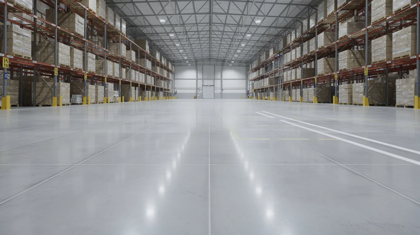 Designing Industrial Floor Slabs for High Forklift Traffic and Heavy Point Loads The image depicts the interior of an industrial warehouse featuring a flat polished concrete floor slab with defined joint lines, designed to support heavy loads and withstand forklift traffic. The storage racking systems are neatly arranged, showcasing the efficient use of space in this facility.