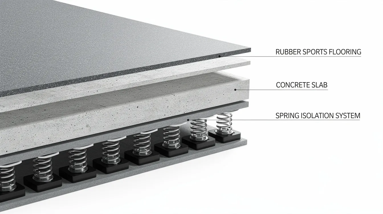 Acoustic and Structural Floor Dampening for Gyms and Fitness Centers in Retail Malls The image depicts a layered gym floor assembly featuring rubber, concrete, and spring isolation components designed for effective noise control and soundproofing in fitness facilities. This structure aims to absorb vibrations and minimize impact noise from dropped weights, creating a pleasant environment for gym members while reducing sound transmission to surrounding areas.