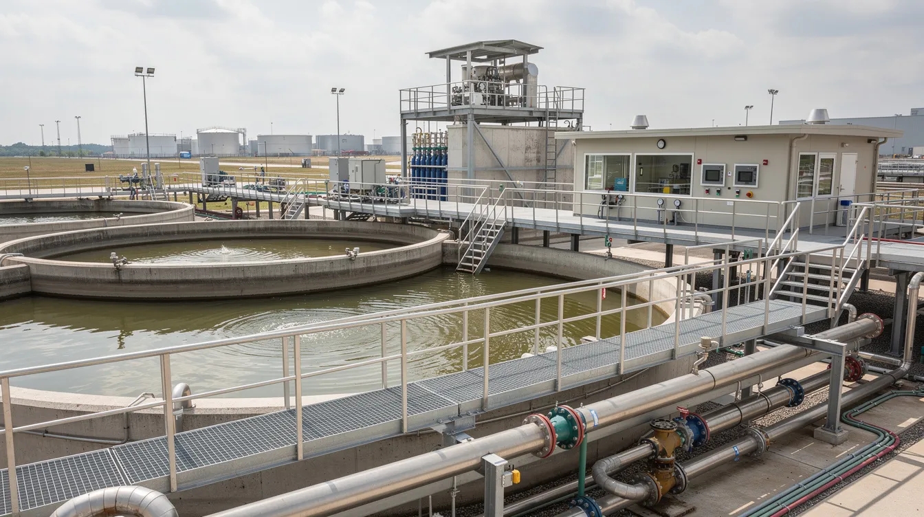 Industrial Effluent and Trade Drainage Submissions to PUB and NEA: What Factories Need to Know The image depicts an industrial water treatment facility featuring large settling tanks, interconnected pipes, and monitoring equipment, where workers are actively maintaining the system. This facility is essential for managing trade effluent discharged from manufacturing plants, ensuring compliance with regulations related to wastewater treatment and discharge limits into Singapore's public sewerage system.