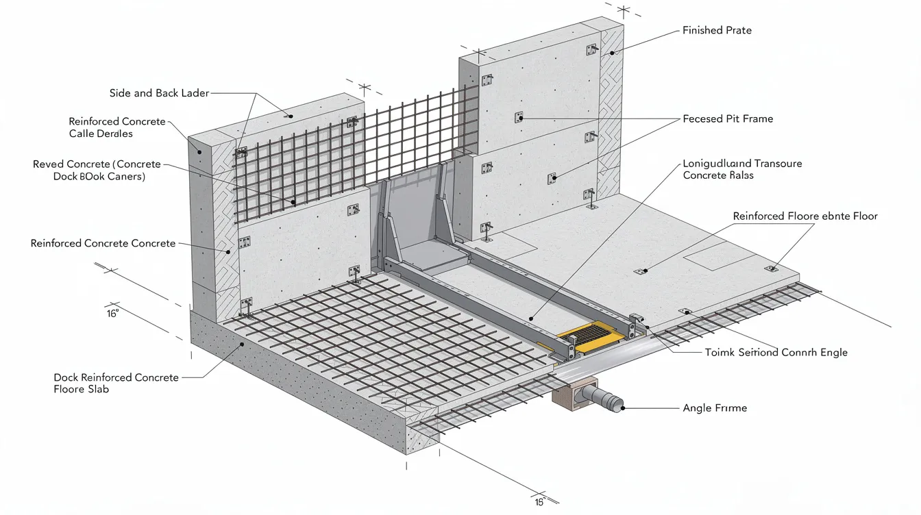 Loading Bay Dock Leveller Pit Design and Structural Reinforcement for Logistics Hubs in Singapore This image depicts a cross-section view of a recessed concrete dock leveller pit, showcasing reinforced walls and a floor slab designed for efficient loading and unloading operations. The embedded steel frame and drainage channel enhance the structural integrity and operational safety of loading docks in industrial facilities.