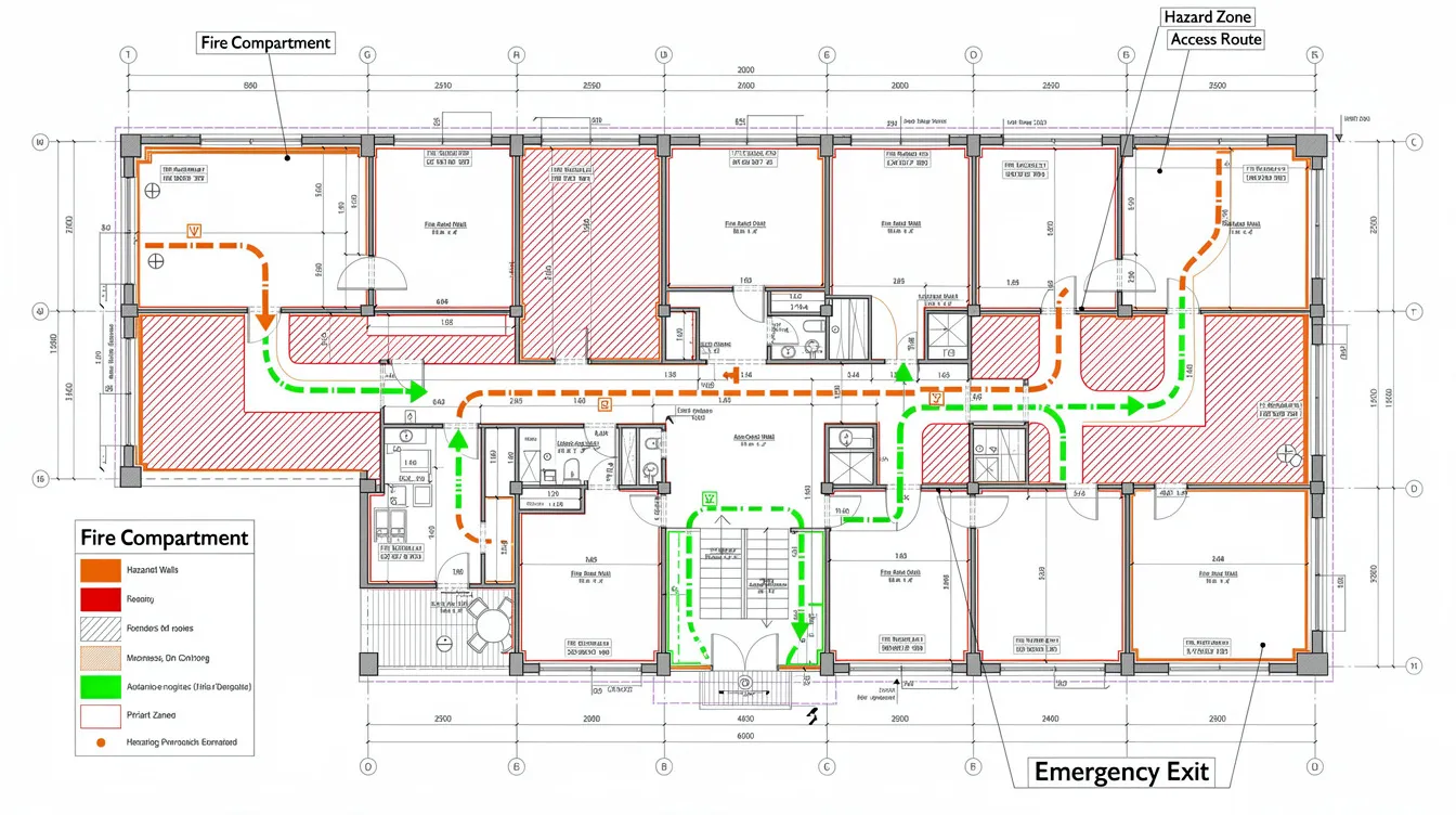 Fire Compartmentation and SCDF Compliance for Chemical Storage Facilities in Singapore The image depicts an architectural floor plan illustrating the fire compartmentation layout for a commercial building, highlighting hazard zones, access routes, and fire safety features such as fire doors and compartment walls. This design ensures compliance with the Singapore Civil Defence Force (SCDF) fire code, emphasizing the importance of fire protection systems in areas with flammable materials.