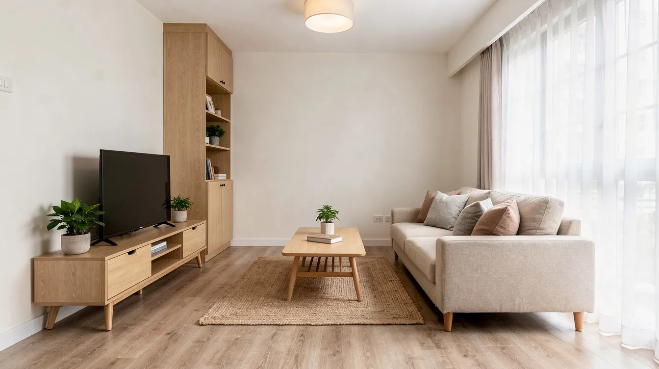 Interior Decorator Singapore: Complete Guide to Styling Services and Costs 2026 The image depicts a bright and airy living room in a Singapore HDB, featuring warm neutral tones, natural wood furniture, and linen cushions arranged in a cohesive minimalist style. This inviting space reflects the expertise of an interior decorator, showcasing thoughtful design and functionality in home decor.