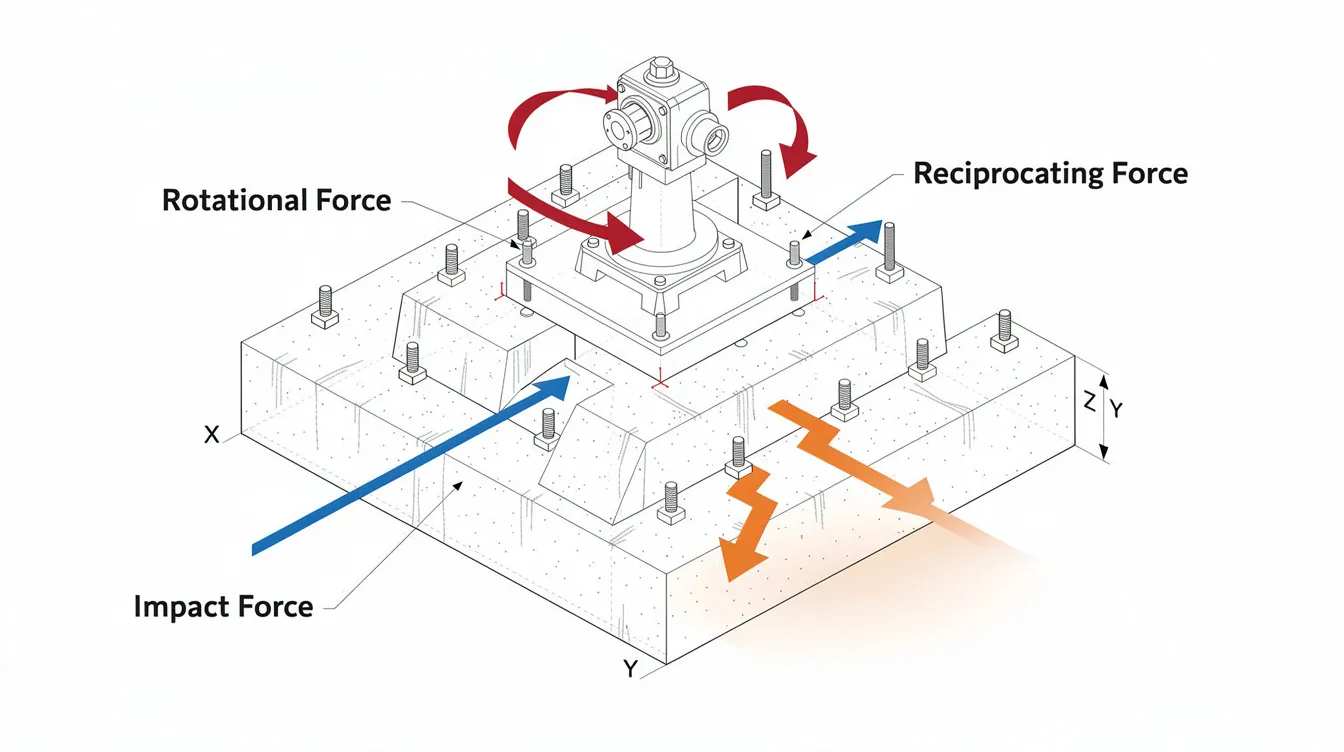 Heavy Machinery Foundation Design: A Guide for Singapore Industrial Facilities The diagram illustrates the various force vectors—rotational, reciprocating, and impact—acting on a concrete machinery foundation, highlighting the importance of foundation engineering for heavy machinery. It emphasizes the need for dynamic load analysis to ensure structural integrity and stability, particularly in industrial projects where excessive vibration can compromise performance.
