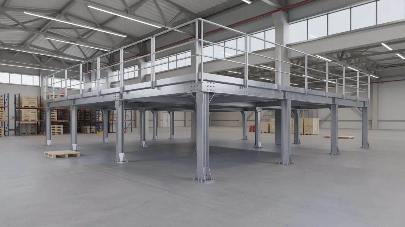 JTC Authority Submissions: The Complete Engineering Checklist for Factory Modifications The image depicts a steel mezzanine platform supported by structural columns and beams within an industrial warehouse, showcasing the robust design elements typical of industrial renovation projects. This setting highlights the importance of fire safety compliance and structural loading considerations, essential for obtaining the necessary approvals from relevant authorities like the urban redevelopment authority.