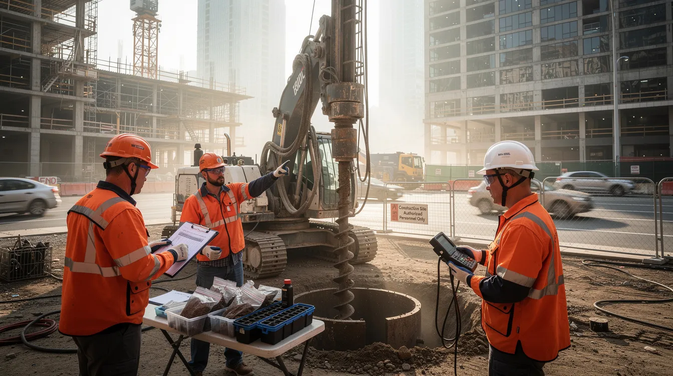Geotechnical Considerations for Deep Basement Excavation in Singapore's CBD Engineers are conducting geotechnical borehole drilling on an urban construction site, gathering essential soil data for deep excavation projects, which are crucial for the structural capacity of basement construction and adjacent structures. The site investigation focuses on understanding ground conditions to ensure safe and effective construction methods for high-rise buildings in the area.