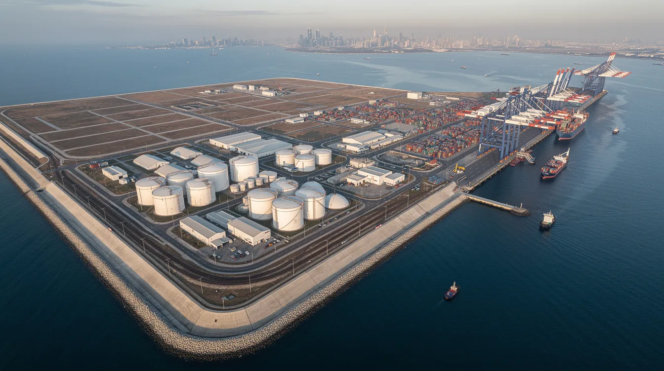 Geotechnical Solutions for Industrial Reclaimed Land in Jurong and Tuas A wide view of an industrial port area on reclaimed land showcases towering cranes and large storage tanks, situated near the waterfront. This scene highlights the civil engineering efforts involved in land reclamation and ground improvement, essential for supporting industrial use in regions like Jurong and Tuas.