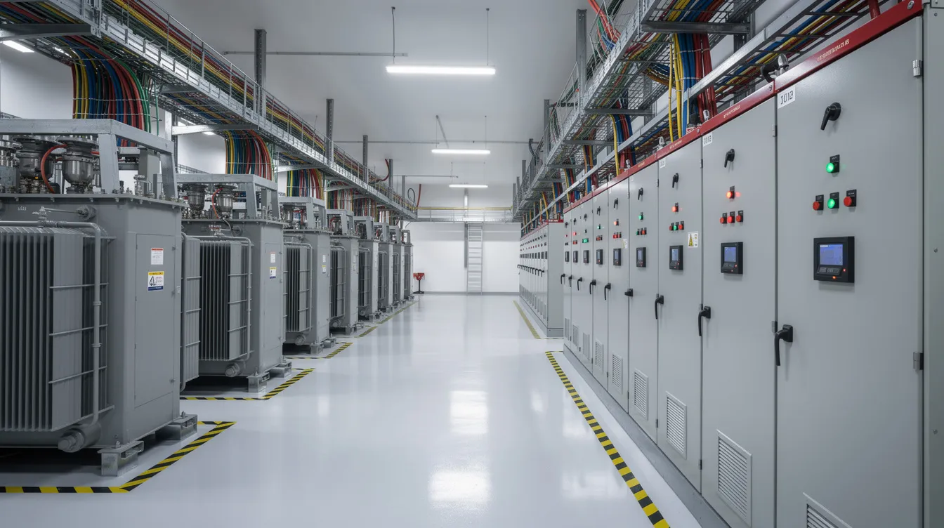 Overcoming M E Challenges in High Tech Semiconductor Manufacturing Facilities in Singapore The image depicts an electrical infrastructure room filled with rows of transformers, switchgear panels, and organized cable management systems, essential for supporting semiconductor manufacturing processes in industrial facilities. This robust setup is crucial for maintaining the operational efficiency of the global semiconductor industry.