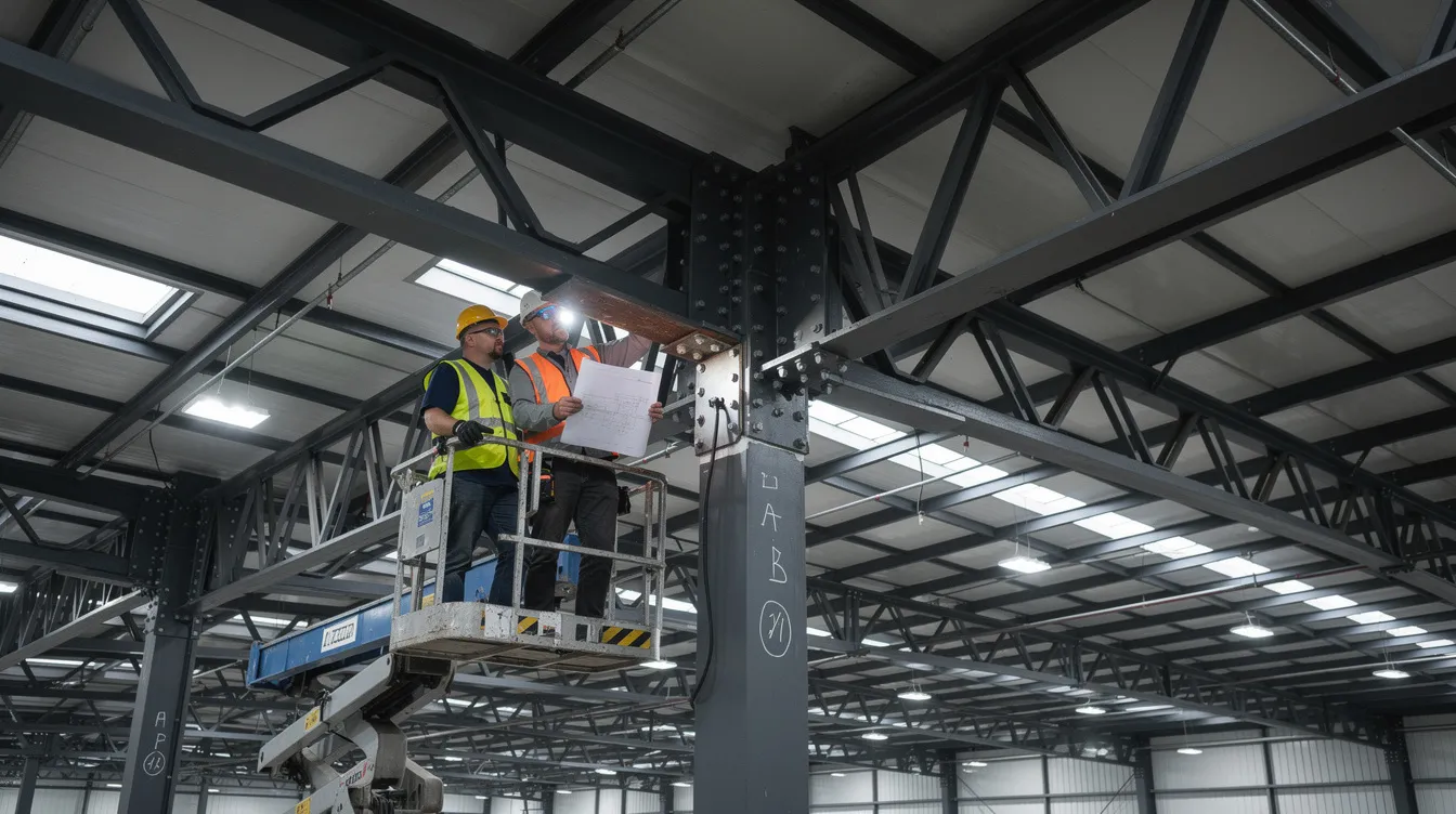 Warehouse Roof Strengthening for Large Scale Solar Panel Installations in Singapore A group of structural engineers is inspecting the connections of steel beams within a warehouse's interior roof structure, ensuring its integrity for potential solar panel installations. This assessment is crucial for optimizing the roof space for commercial solar systems and enhancing energy generation capabilities in industrial buildings.