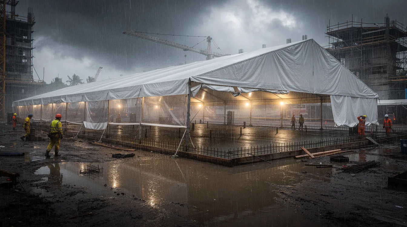 Heavy Machinery Foundation Design: A Guide for Singapore Industrial Facilities The image shows a construction site where a large concrete foundation is being poured under protective tenting during a tropical rainfall. This scene highlights the importance of foundation engineering and the use of heavy machinery to ensure the structural integrity of foundations designed for industrial machinery, even in challenging weather conditions.