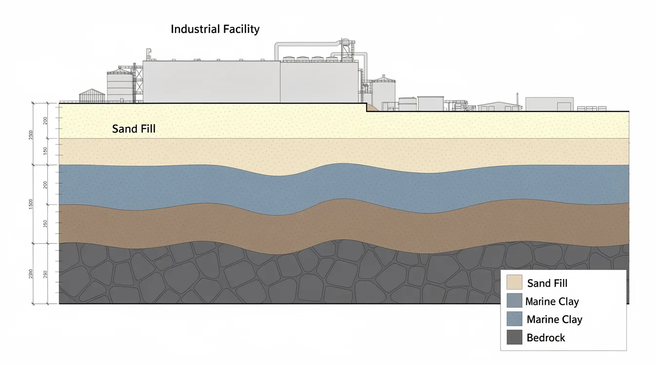 Geotechnical Solutions for Industrial Reclaimed Land in Jurong and Tuas The image is a cross-section diagram illustrating the various layers beneath an industrial facility, including sand fill, marine clay, and bedrock, showcasing the geotechnical engineering aspects of land reclamation in Singapore. This diagram highlights the importance of soil improvement and ground stability for industrial use in areas like Jurong and Tuas.