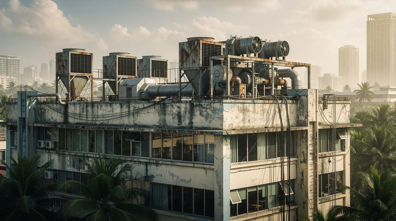 M E Engineering Audits for Aging Commercial Office Buildings in Singapore: A Complete Guide The image depicts an aging commercial office building exterior featuring rooftop cooling towers and mechanical plant equipment, set against a vibrant tropical skyline in Singapore. This scene highlights the importance of energy efficiency and regulatory compliance for existing buildings, particularly under the Building and Construction Authority's mandatory energy improvement regime aimed at enhancing energy performance in energy intensive commercial buildings.