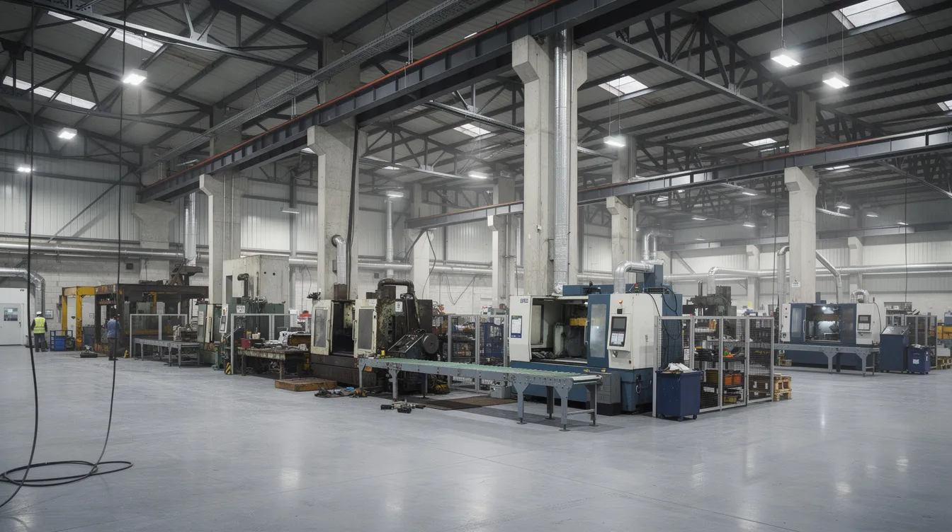 Structural Repair Strategies for Concrete Carbonation in Manufacturing Plant Environments The image depicts the interior of an industrial manufacturing plant featuring heavy machinery positioned on a concrete floor, with visible reinforced concrete structures and structural columns. The environment highlights the importance of concrete repair strategies to address issues such as carbonation-induced corrosion and maintain the load-bearing capacity of the structural elements.