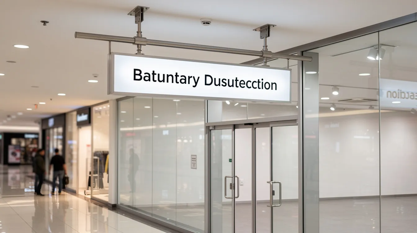 Retail Glass Shopfronts Suspended Signage: Structural Integrity of Frameless Shopfronts and Overhead Signage Design Analysis for Retail Tenants The image depicts the interior of a shopping centre featuring well-mounted suspended signage, with visible steel support brackets above a glass shopfront. The illuminated signs display the business name in bold script fonts, enhancing visibility and attracting potential customers.