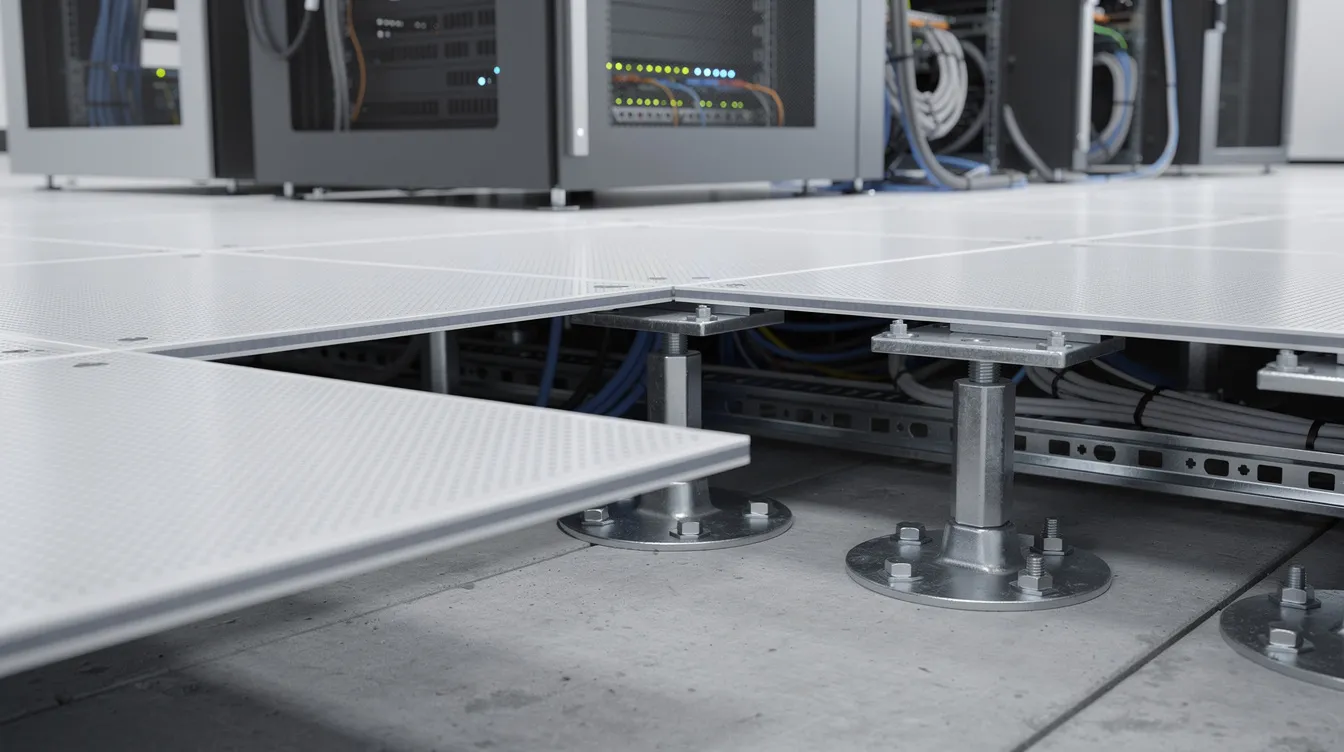 High Density Server Racks UPS Systems: Data Room Upgrades and How PEs Evaluate Concentrated Floor Loads without BCA Submissions The image shows a close-up view of a raised floor system in a commercial server room, highlighting the exposed support pedestals beneath high density server racks filled with IT equipment. This setup emphasizes the importance of effective cable management and airflow management for ensuring continuous operation and improving cooling efficiency in the data center.