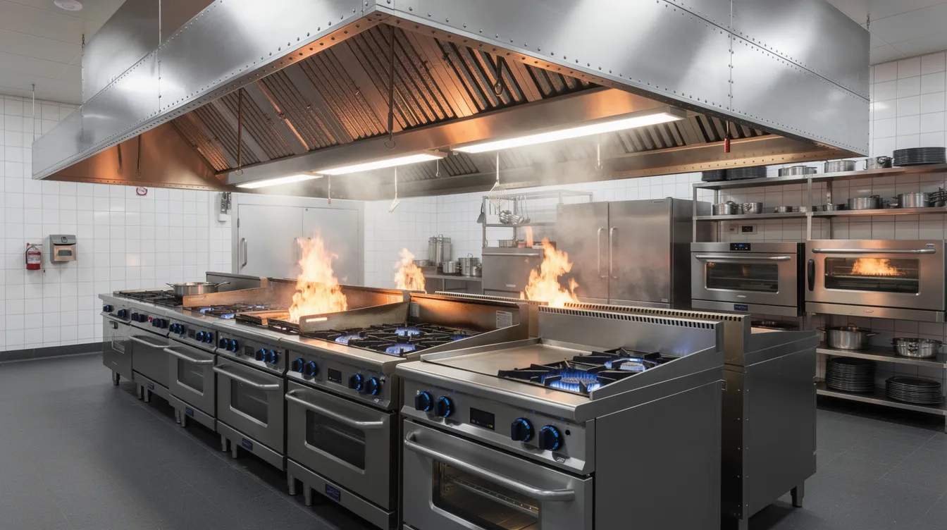 Installing Commercial Kitchen Heavy Equipment Exhaust Ducts and Ovens: PE Structural Load Calculations for F&B Fit-Outs The image depicts a commercial kitchen interior featuring stainless steel exhaust hoods suspended above a series of heavy cooking stations, emphasizing the importance of commercial kitchen exhaust systems in managing cooking fumes and ensuring proper airflow efficiency. The setup highlights key components like grease ducts and exhaust fans, essential for maintaining fire safety and preventing grease accumulation.