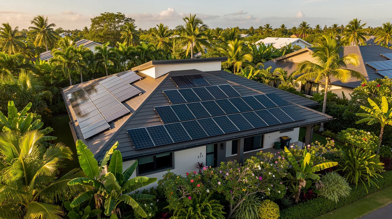 Solar Panel Installation on Private Roofs: Structural Wind-Load Calculations & PE Endorsement Mandates for Landed Homes An aerial view showcases solar panels installed on a sloped residential roof, surrounded by lush tropical vegetation. This rooftop solar system harnesses direct sunlight to generate electricity, contributing to energy independence and reducing the carbon footprint of the home.