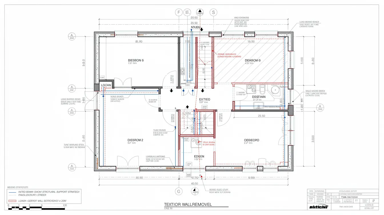 Internal Non Load Bearing Wall Removal: Why You Still Need PE Design Sign-Off Even Without a BCA Plan Submission The image features a technical drawing illustrating a wall removal plan, complete with annotations highlighting structural elements such as floor joists and support beams. It emphasizes the importance of identifying load bearing and non load bearing walls to ensure structural integrity and compliance with building regulations.