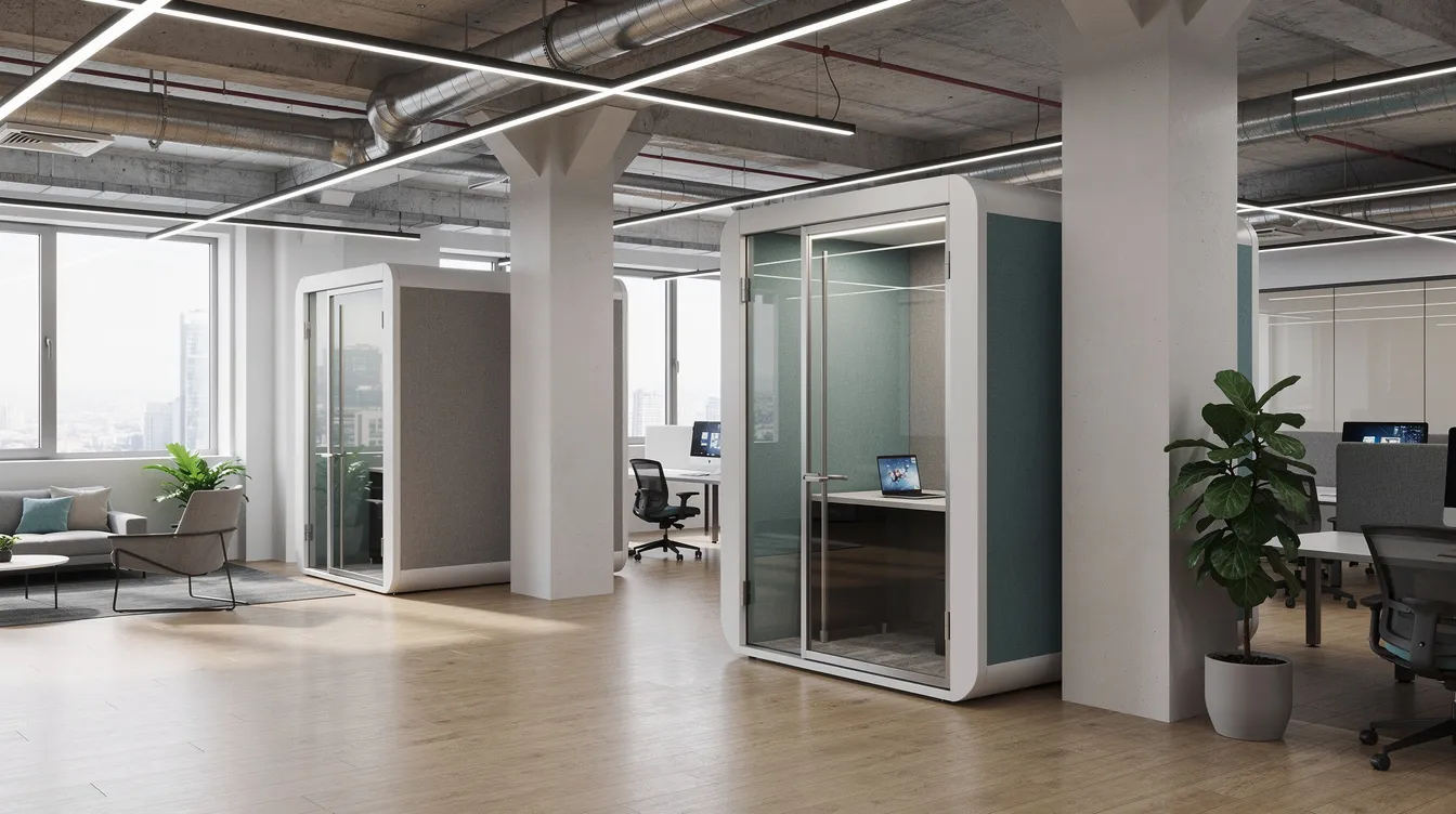 Office Partitioning Acoustic Pods: Deploying Heavy Acoustic Booths and Mobile Shelving Systems—PE Floor Slab Load Checking Explained The image depicts the interior of a modern open plan office featuring several acoustic pods strategically positioned near structural columns. These sound-isolating booths provide employees with private spaces for phone calls and focused tasks, enhancing productivity while minimizing background noise and distractions in the collaborative office environment.