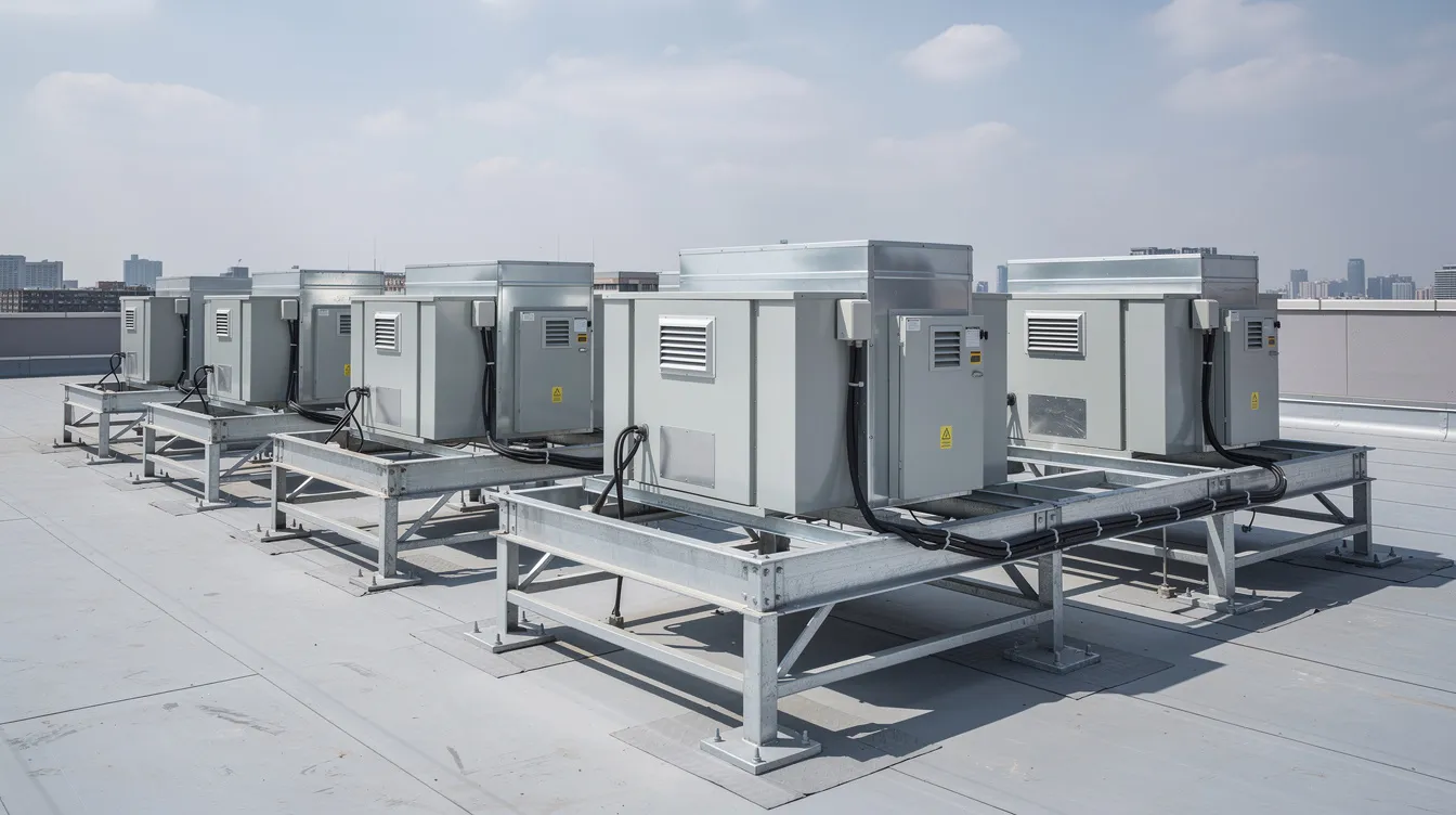 Installing Commercial Kitchen Heavy Equipment Exhaust Ducts and Ovens: PE Structural Load Calculations for F&B Fit-Outs The image depicts a rooftop view featuring several exhaust fan units mounted on robust structural steel frames, each enclosed in weatherproof housings. These commercial kitchen exhaust systems are essential for maintaining airflow efficiency and preventing grease accumulation in food processing operations.