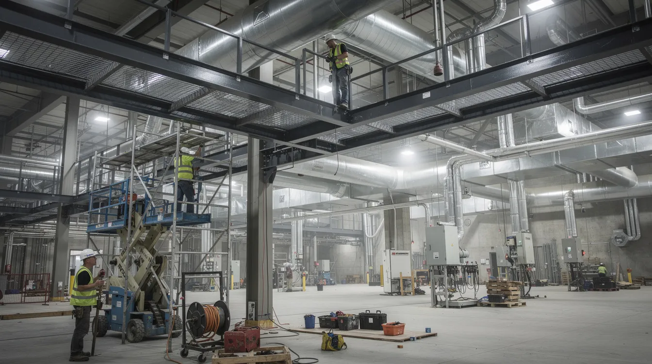 Factory Maintenance Access Catwalks: Structural Design Standards and PE Certification Guidelines Workers are installing steel catwalk framing inside an industrial factory, surrounded by visible piping and ductwork, while ensuring safety and stability with proper tools and equipment. The scene highlights the importance of regular maintenance and inspection to prevent defects and ensure secure access on the raised platforms.