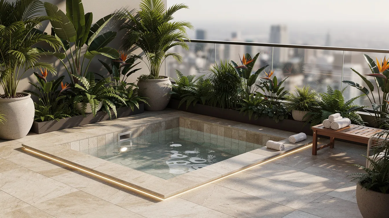 Residential Water Features Swimming Pool Decks: Adding Balcony Jacuzzis or Above-Ground Decks Structural Load Assessment without BCA Approval The image depicts a residential balcony featuring a compact spa installation surrounded by decorative stone tile and lush tropical plants, creating a serene outdoor retreat. The spa serves as a focal point, complemented by the soothing sounds of flowing water from nearby water features, enhancing the overall ambiance of the space.
