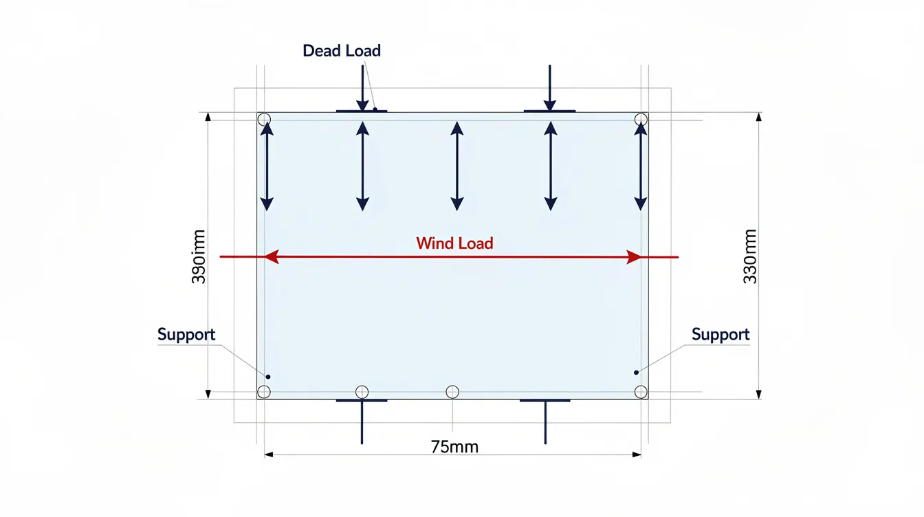 Retail Glass Shopfronts Suspended Signage: Structural Integrity of Frameless Shopfronts and Overhead Signage Design Analysis for Retail Tenants The technical diagram illustrates load distribution points on a glass panel, featuring arrows that indicate the directions of dead load and wind load. This detailed representation is essential for graphic designers and installers to ensure the safety and stability of shop signage in retail stores.