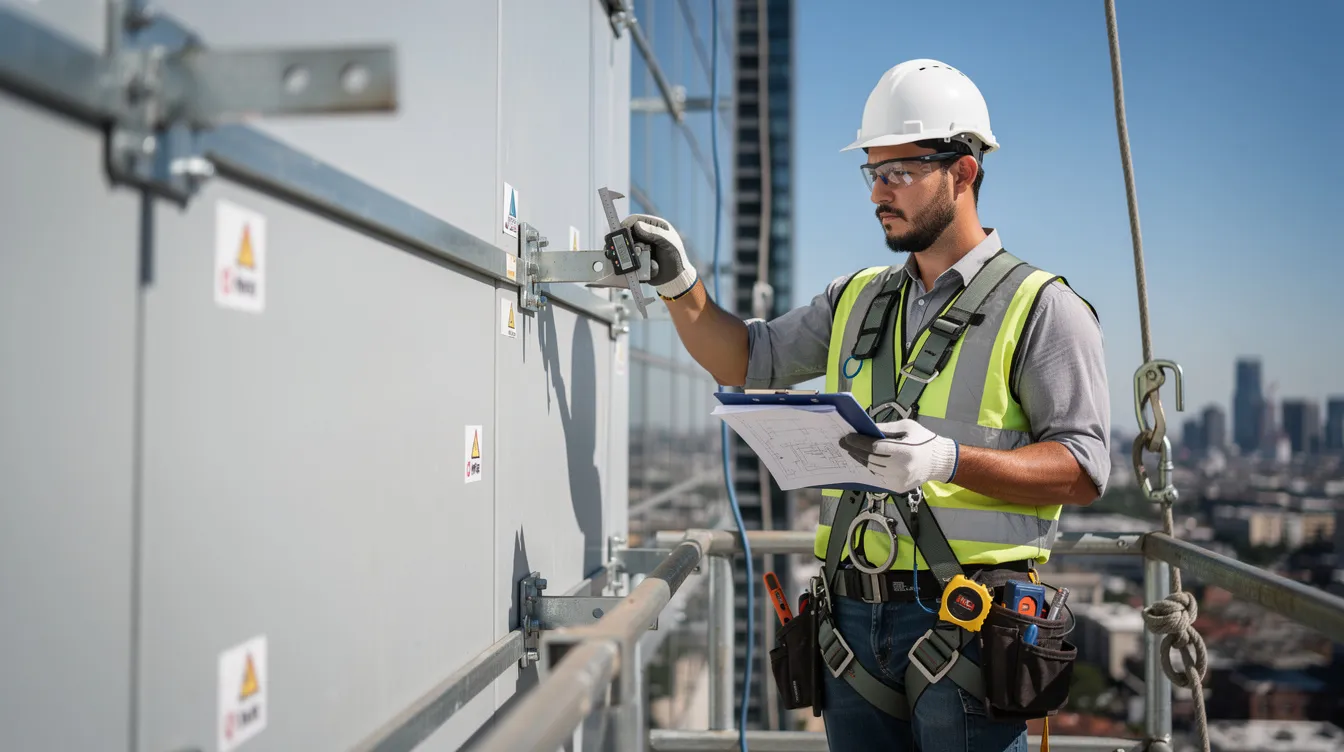 Installing Heavy Motorized Retractable Awnings Canopies & Aluminum Louvers: Structural Cantilever Checks and PE Sign-Off An engineer is inspecting mounting brackets on a building facade, using measurement tools to ensure proper installation of retractable awning solutions. The scene reflects a focus on quality and durability, essential for enhancing outdoor spaces like commercial properties and outdoor dining areas.