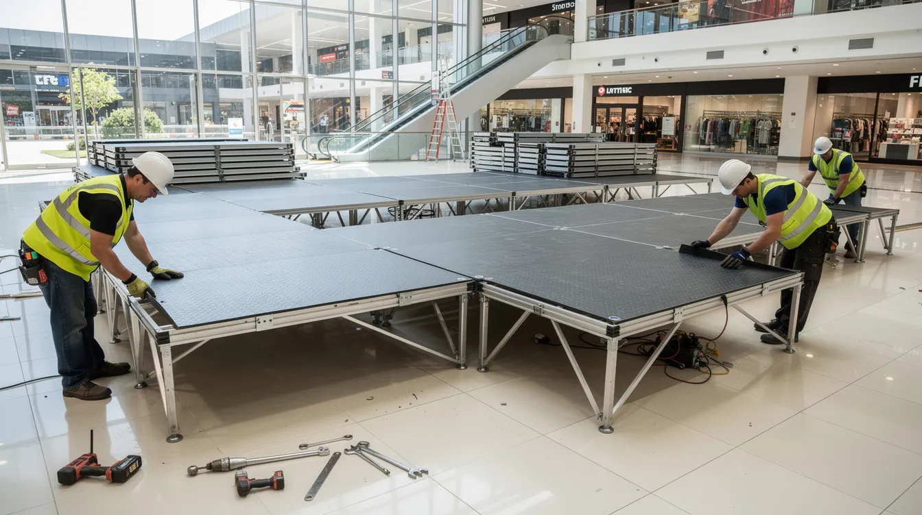 Display Escalators Choirs or Stage Platforms: Temporary Event Stages & Pop-Up Platforms Load Design and PE Endorsement for Mall Atriums A group of workers is assembling aluminum modular stage risers with interlocking deck panels in a spacious retail atrium, creating a stable platform for future performances. The setup features different heights to enhance visibility for the audience and improve the overall aesthetic of the performance space.