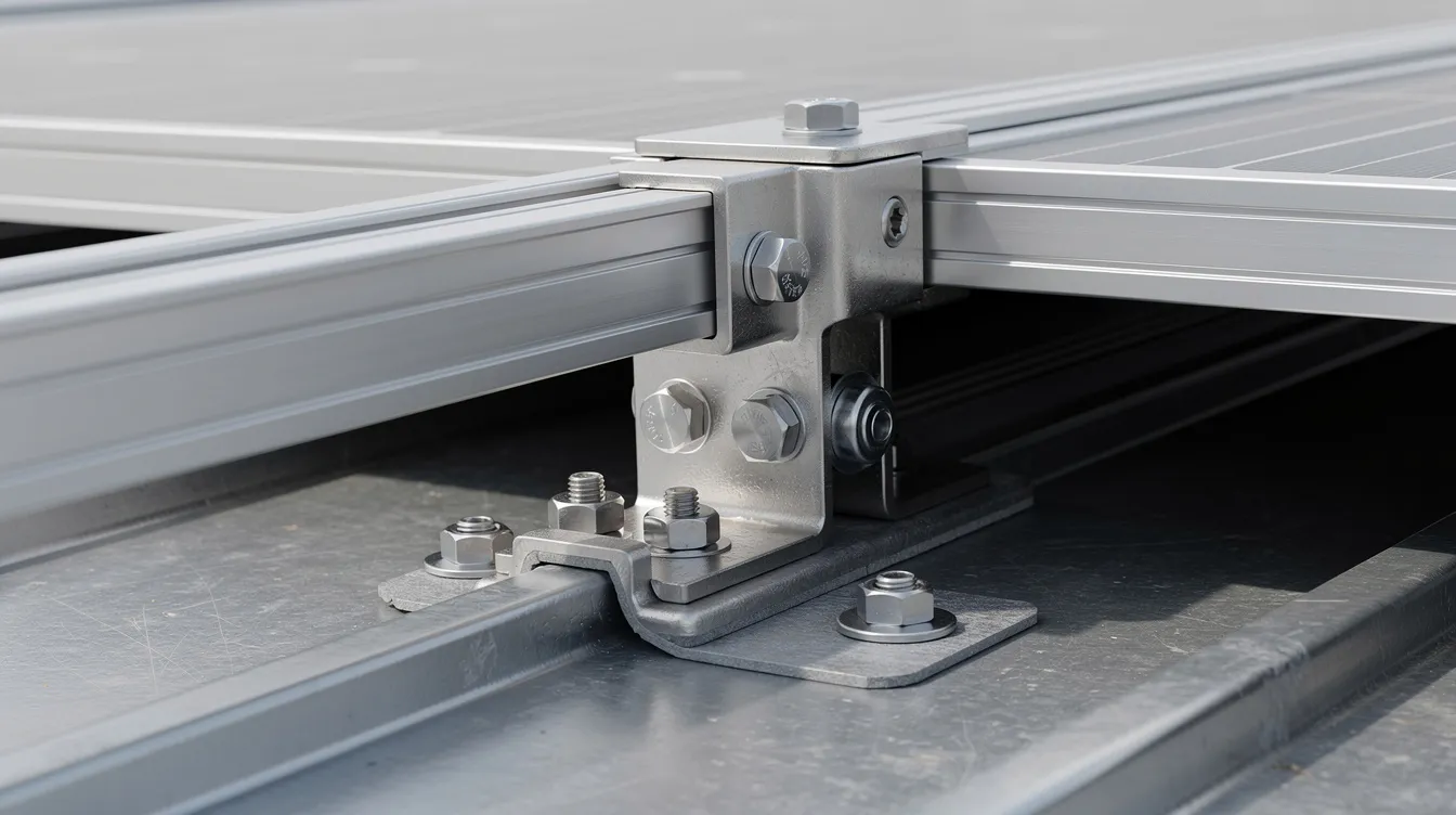 Solar Mounting Systems on Factory Metal Roofs: Industrial Roof Solar Array Upgrades and Structural Purlin and Truss Capacity Analysis by a PE A close-up view reveals solar panel mounting rails and clamps securely attached to a metal roof surface, showcasing the components of a solar installation designed for durability and energy efficiency. The image emphasizes the connection between the mounting systems and the roofing material, highlighting the importance of quality control in solar mounting on different roof types.