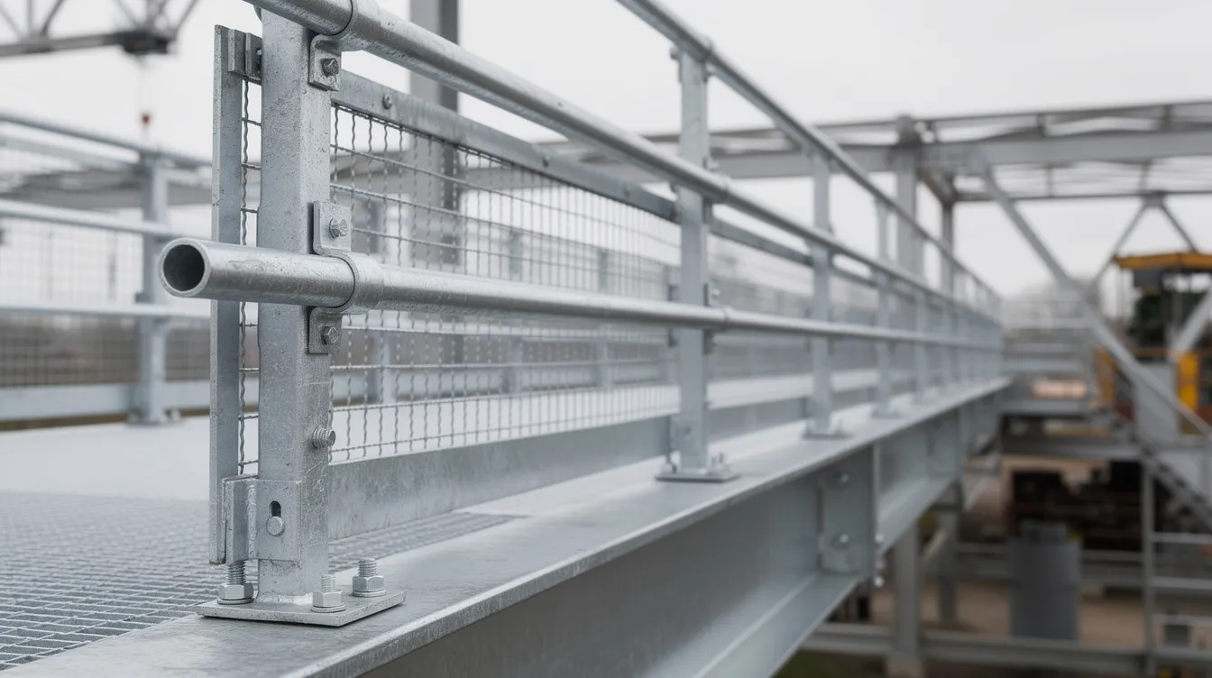 Factory Maintenance Access Catwalks: Structural Design Standards and PE Certification Guidelines The image shows a close-up of a steel handrail system featuring toe boards and mesh infill, designed for an industrial walkway platform. This safety feature is essential for protecting workers and ensuring secure access on elevated surfaces, highlighting the importance of regular maintenance and inspection to prevent falls and ensure stability.