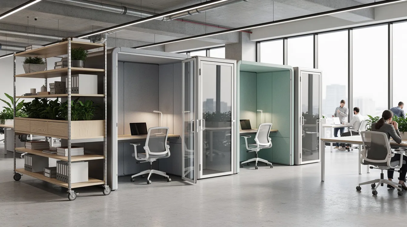 Office Partitioning Acoustic Pods: Deploying Heavy Acoustic Booths and Mobile Shelving Systems—PE Floor Slab Load Checking Explained The image depicts a modern office space featuring sleek acoustic pods designed for sound control and noise reduction, alongside a mobile shelving system that enhances the functional zones of the open plan offices. This setup promotes a productive work environment by providing quiet zones for private phone calls and focused tasks, while maintaining aesthetic appeal.
