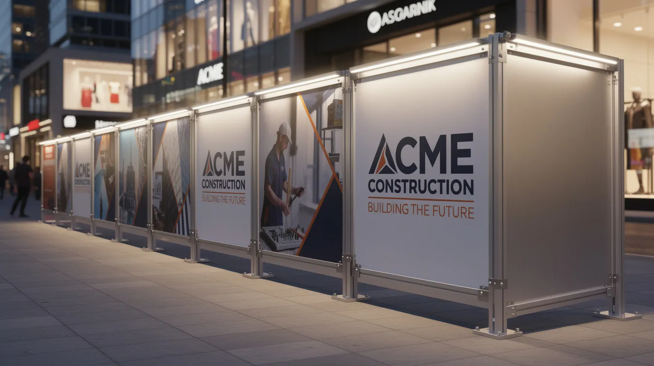 External Site Hoarding Decorative Fencing: Classifying Hoarding and Protective Fencing, Wind Load Calculations, and PE Endorsement for A&A Works The image depicts a modular aluminum hoarding system at a commercial renovation site, featuring integrated LED lighting and branded panels that enhance visual impact. This temporary hoarding system serves as a secure barrier, effectively managing crowd control and providing protection from construction debris and noise.
