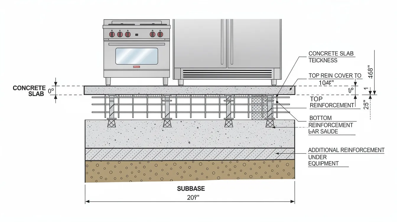 Installing Commercial Kitchen Heavy Equipment Exhaust Ducts and Ovens: PE Structural Load Calculations for F&B Fit-Outs The image depicts a cross-section diagram illustrating the floor slab reinforcement beneath heavy kitchen equipment, emphasizing the integration of commercial kitchen exhaust systems and grease ducts to manage cooking fumes and airborne contaminants. Key components such as exhaust fans and baffle filters are highlighted, showcasing their role in ensuring optimal performance and fire safety in food processing operations.