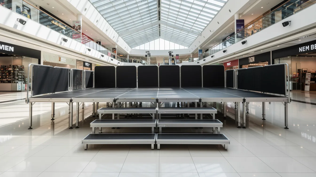 Display Escalators Choirs or Stage Platforms: Temporary Event Stages & Pop-Up Platforms Load Design and PE Endorsement for Mall Atriums The image depicts an elevated modular stage platform set up inside a bright, multi-level shopping mall atrium, featuring tiered risers and guardrails that ensure safety and enhance visibility for performers and the audience. This portable stage system is designed for various performance needs, creating an inviting performance space for choirs and other ensembles.