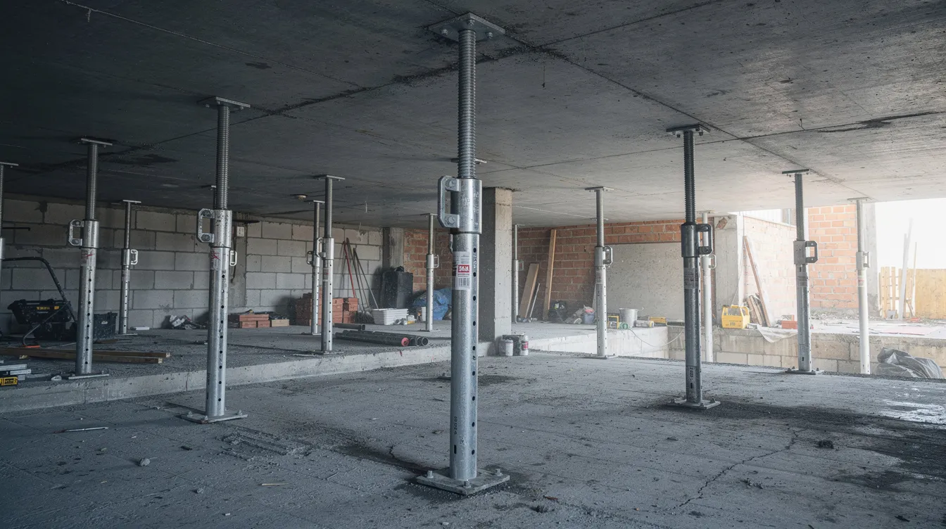 Structural Propping Temporary Shoring for Internal Slab Cutting: Why PE Structural Calculations are Essential for Site Safety The image shows multiple adjustable steel props arranged in a vertical position, supporting a concrete slab from below during construction modification works. This temporary support system is crucial for maintaining stability and ensuring the structural integrity of the existing building while accommodating vertical loads and uneven load distribution.