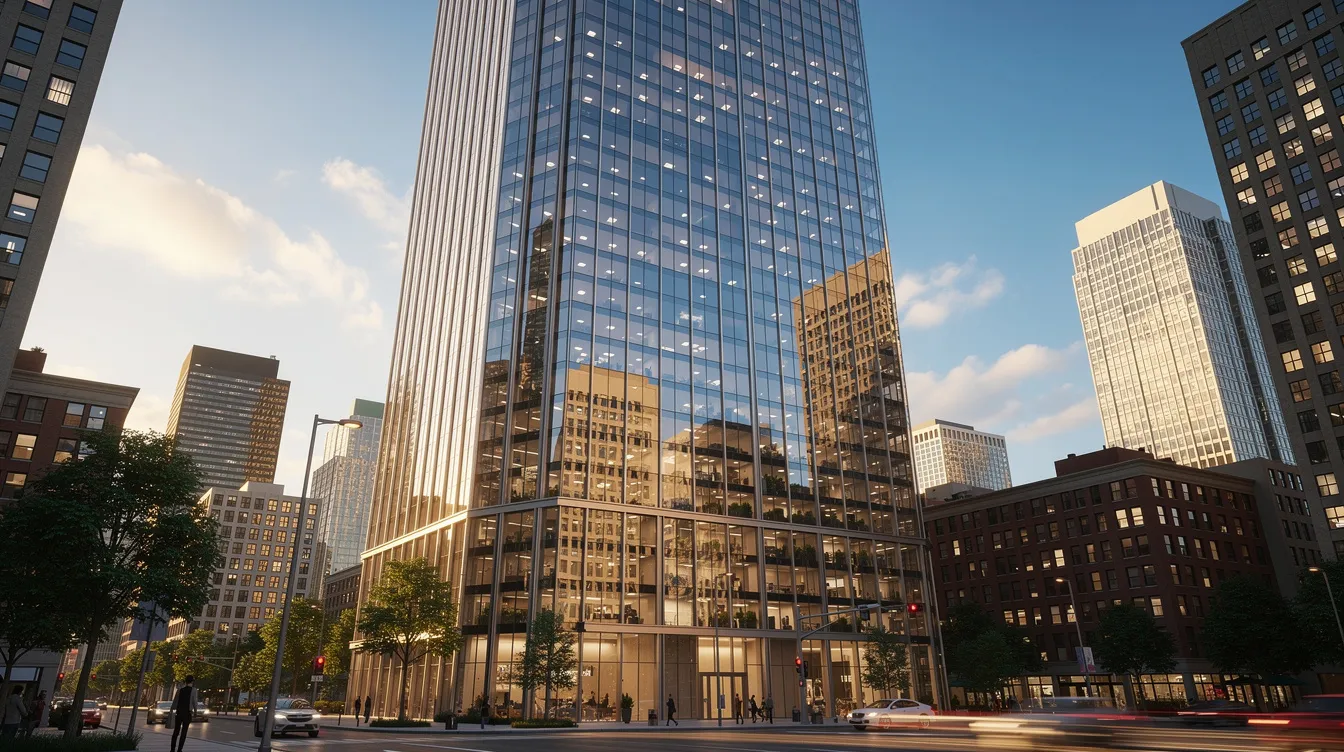 Replacement of Windows Full Height Glass Curtain Walls: Wind Load Analysis and PE Endorsement Requirements A high-rise residential tower features a sleek exterior façade made of full-height glass curtain walls that reflect the sky and surrounding cityscape. The design incorporates large glass panels, enhancing natural light and providing a modern aesthetic, while the structural elements ensure superior performance against wind load and weather conditions.