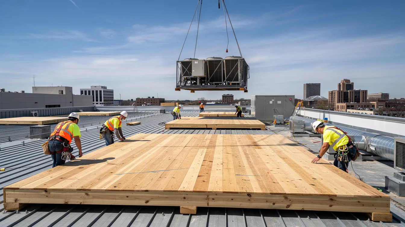 Heavy Equipment Rigging Lifting Plans: Lifting Heavy Chiller Units onto Existing Roofs, PE Crane Mat and Slab Loading Analysis A team of workers is carefully positioning large timber crane mats on the rooftop of a commercial building, while a chiller unit is suspended from a crane boom in the background, highlighting the complexity of the lifting operation and the importance of following an approved lifting plan for safety. The scene emphasizes the use of appropriate rigging gear and the coordination required for such heavy equipment tasks.