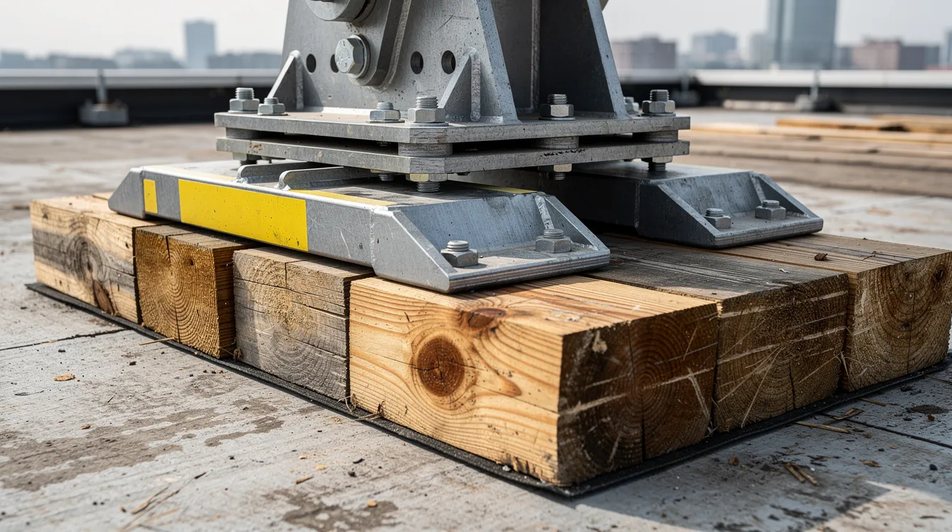 Heavy Equipment Rigging Lifting Plans: Lifting Heavy Chiller Units onto Existing Roofs, PE Crane Mat and Slab Loading Analysis A close-up view shows steel crane outrigger pads resting on timber mats, strategically placed across a concrete roof slab, emphasizing the importance of proper rigging configuration for safe lifting operations. This setup highlights key elements of a lifting plan, ensuring stability and safety during complex lifts on a construction site.