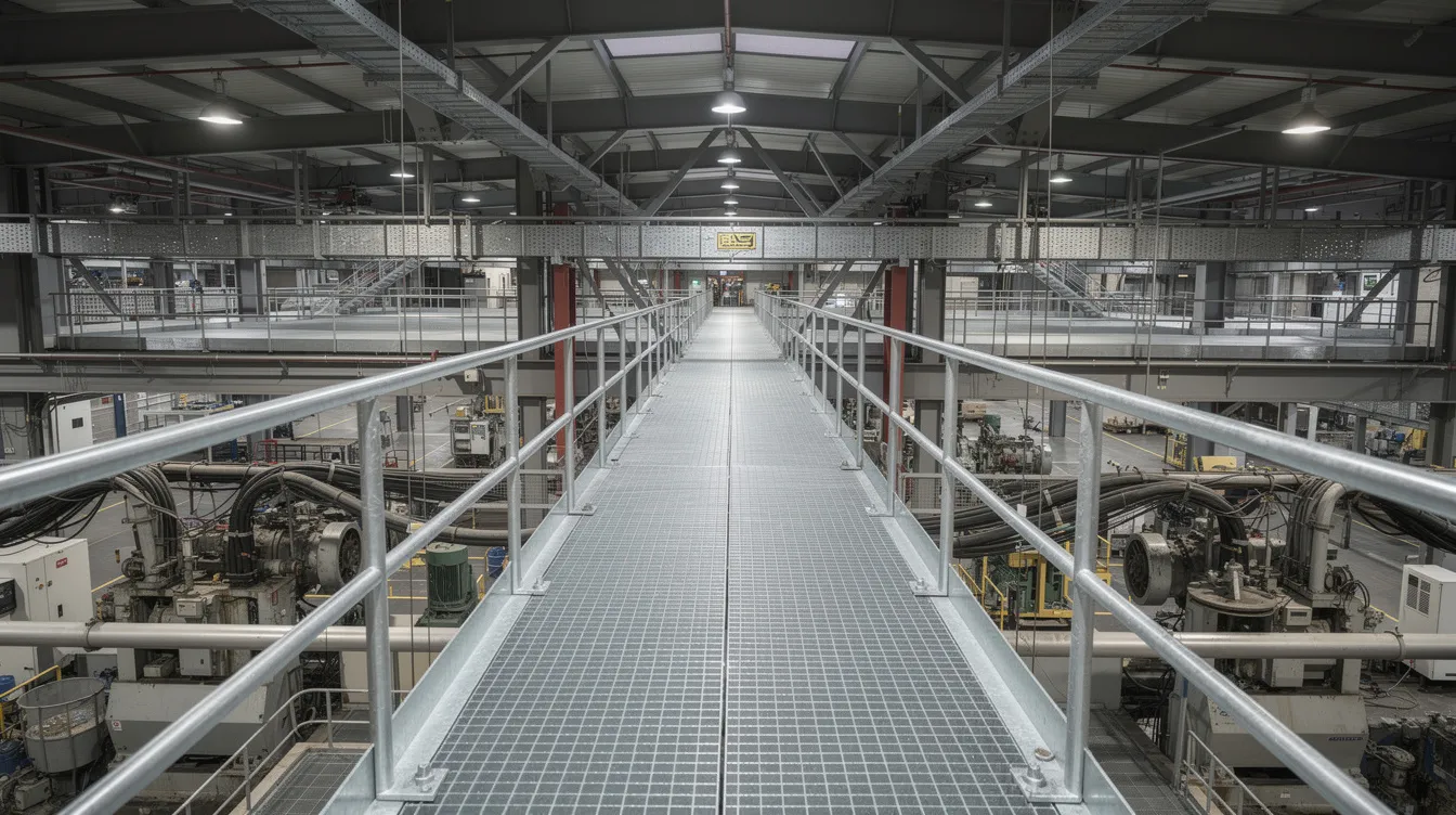 Factory Maintenance Access Catwalks: Structural Design Standards and PE Certification Guidelines The image depicts an industrial steel catwalk featuring galvanized grating and handrails, situated within a large factory facility. This sturdy platform is designed to ensure safe access for workers and equipment, with side rails for added protection and stability.