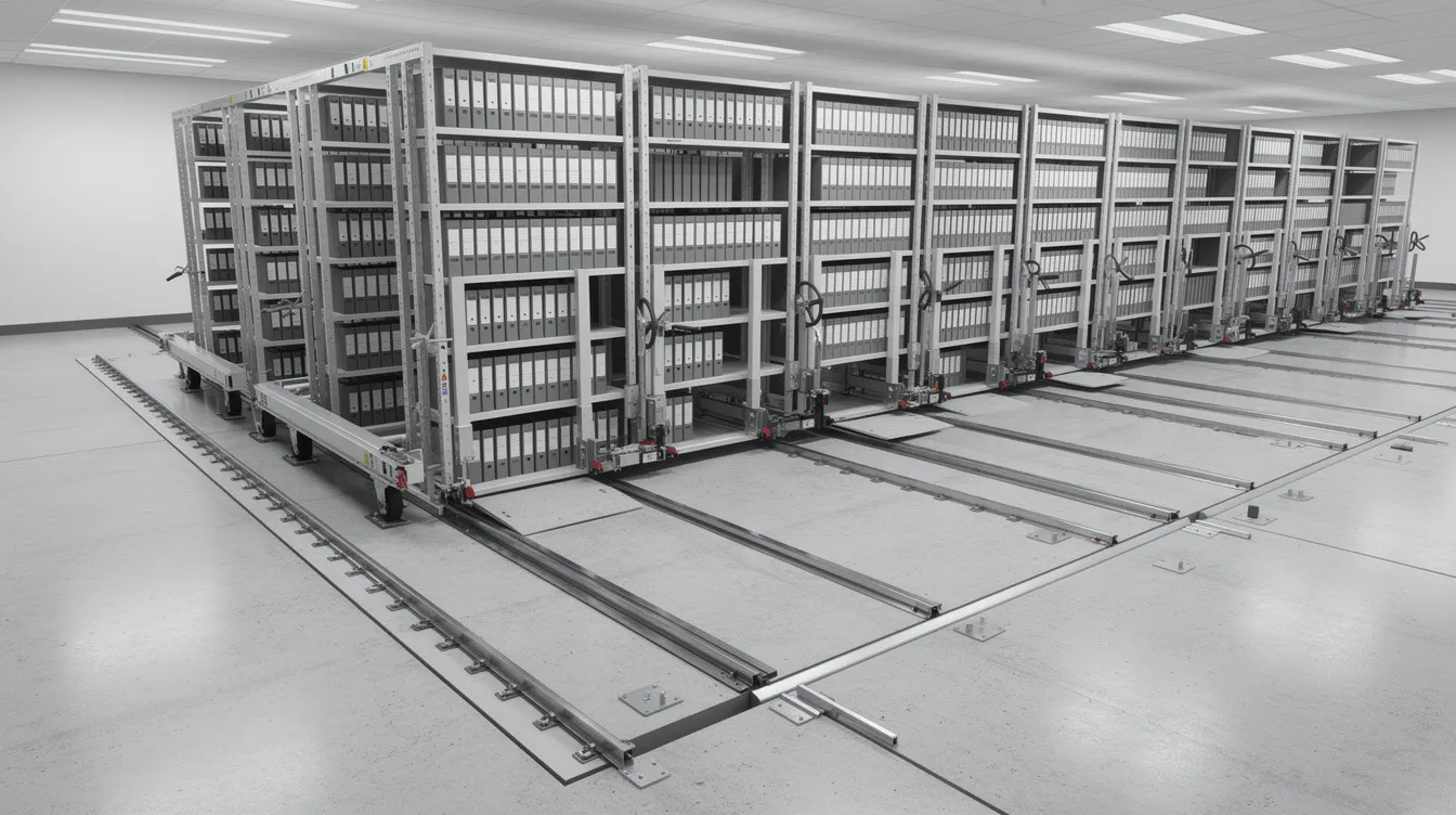 Office Partitioning Acoustic Pods: Deploying Heavy Acoustic Booths and Mobile Shelving Systems—PE Floor Slab Load Checking Explained The image shows a heavy mobile shelving compactor system installed on reinforced tracks within an office space, designed to maximize storage efficiency while maintaining a modern aesthetic appeal. This installation enhances the office environment by reducing clutter and allowing for flexible spaces, contributing to a productive work environment.