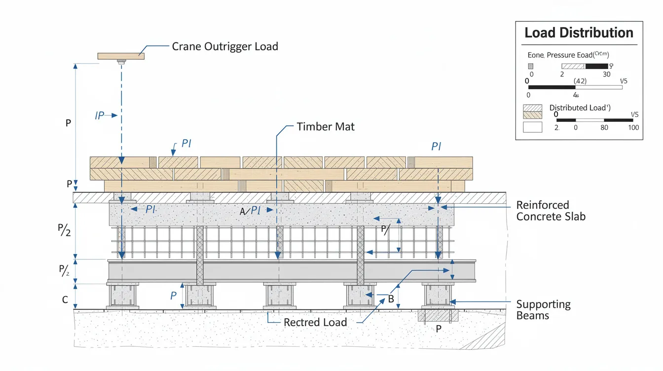 Heavy Equipment Rigging Lifting Plans: Lifting Heavy Chiller Units onto Existing Roofs, PE Crane Mat and Slab Loading Analysis The image depicts an engineering diagram illustrating the load distribution from a crane outrigger through a timber mat to a reinforced concrete slab, which features supporting beams below. This detailed lifting plan emphasizes the importance of proper rigging configuration and load management to ensure safety during crane operations on construction sites.