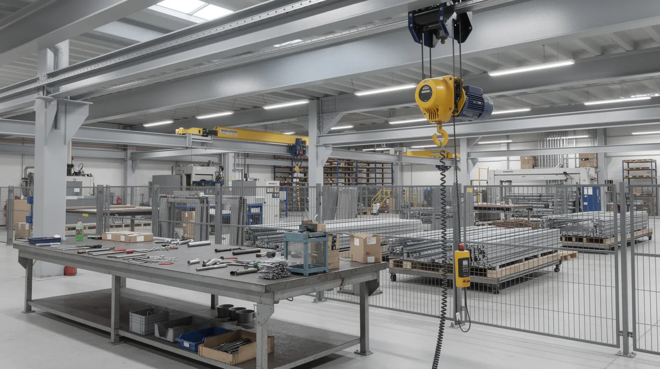 Installing Overhead Monorails Light Hoists (< 1-Tonne): PE Dynamic Load Analysis for Factory Workstations The image depicts a factory workstation featuring a ceiling-mounted monorail track supported by I-beams, with an electric monorail hoist and trolley visible, designed for efficient material handling in production applications. This monorail crane system facilitates the movement of loads along the track, enhancing the efficiency of assembly operations.