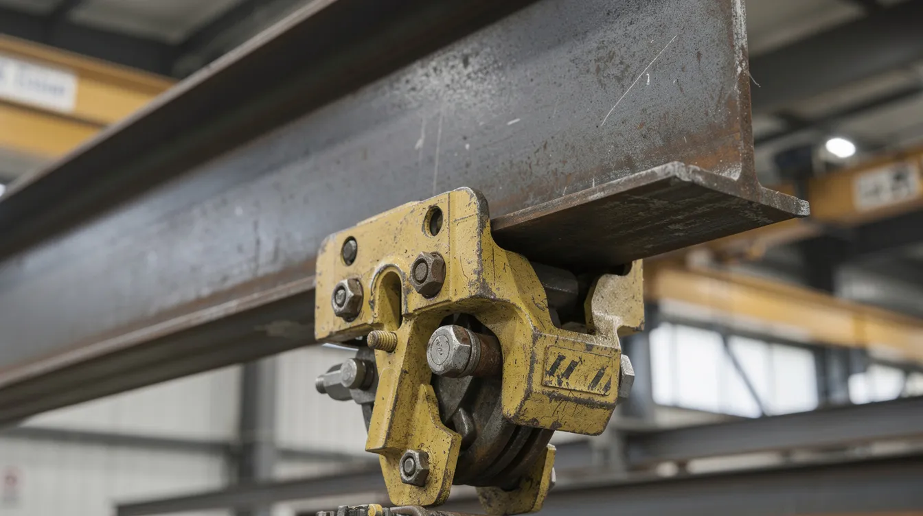 Installing Overhead Monorails Light Hoists (< 1-Tonne): PE Dynamic Load Analysis for Factory Workstations The image shows a close-up of a steel I-beam featuring a hoist trolley attached to its bottom flange, illustrating a component of a monorail crane system designed for efficient material handling. The setup highlights the integration of an electric monorail hoist, ideal for lifting loads within production lines or assembly operations.