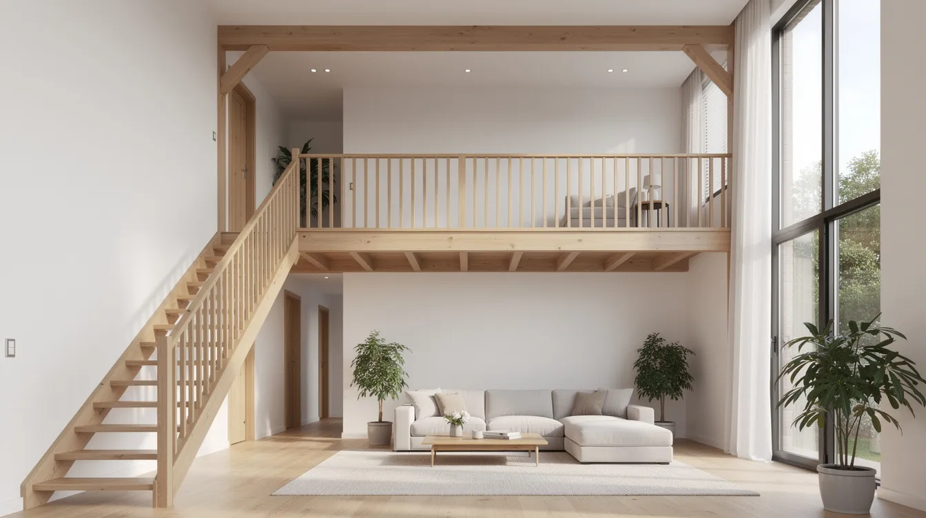 How High Can You Go? Mezzanines Furniture Platforms PE Design Analysis for Residential Timber & Steel Mezzanines Exempt from BCA Submission The image depicts a bright residential interior featuring a timber mezzanine platform above a living area, with stairs leading up to the elevated space. Both levels are furnished, maximizing vertical space and providing additional storage capacity underneath the mezzanine.